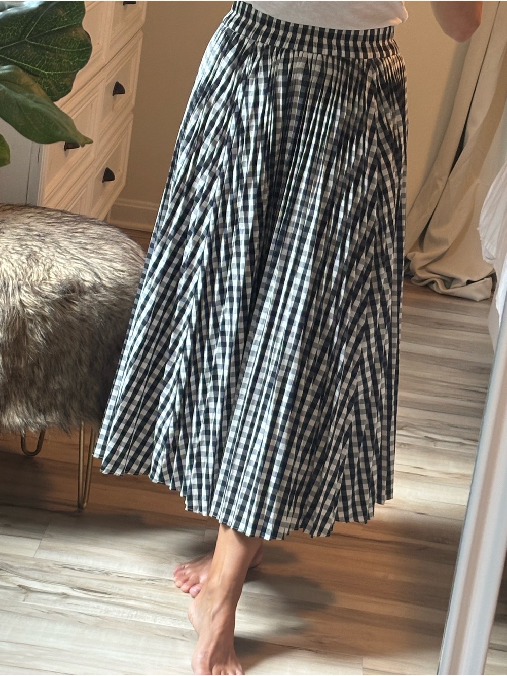J. Crew Black and White Gingham Pleated Midi Skirt
